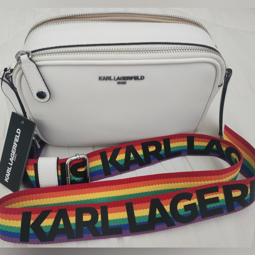 Karl Lagerfeld Maybelle Pebble Leather Pride Strap Purse White, rainbow NWT
